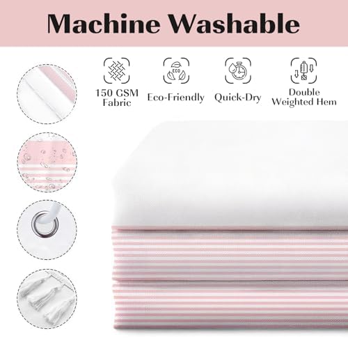 Seasonwood Pink Shower Curtain Tassel White Fabric Long Shower Curtain for Bathroom Decor,Striped Shower Curtains,84 Inch Shower Curtains Waterproof 72 x 84