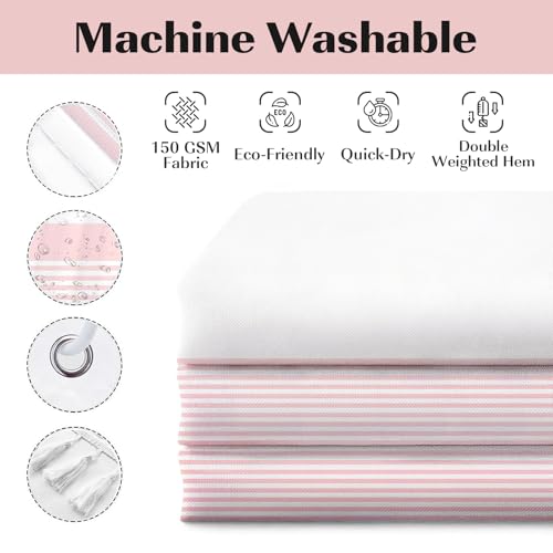 Seasonwood Pink Shower Curtain Tassel White Fabric Long Shower Curtain for Bathroom Decor,Striped Shower Curtains,84 Inch Shower Curtains Waterproof 72 x 84