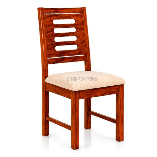 Image of Wooden 4 Seater Dining Set | Solid Sheesham Wood Round Dining Table with Slat Backrest Pattern Cushioned Chairs | Modern & Trending Design for Home & Dining Room | Shining Honey