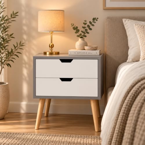 Image of Brown Art SHOPPEE 2-Drawer End Side Table with Drawer and Solid Wood Legs, Bedside Table for Bedrooms, Mid-Century Modern Drawer Storage Cabinet for Bedroom & Furniture (Grey & White)