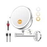 Auxmir 9'' Wall Mounted Lighted Makeup Mirror, 5000mAh Rechargeable Double Sided 30X/1X Magnifying Mirror, Height Adjustable, 360° Swivel Dimmable Shaving Mirror with Extendable Arm for Bathroom
