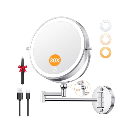 Auxmir 9'' Wall Mounted Lighted Makeup Mirror, 5000mAh Rechargeable Double Sided 30X/1X Magnifying Mirror, Height Adjustable, 360° Swivel Dimmable Shaving Mirror with Extendable Arm for Bathroom