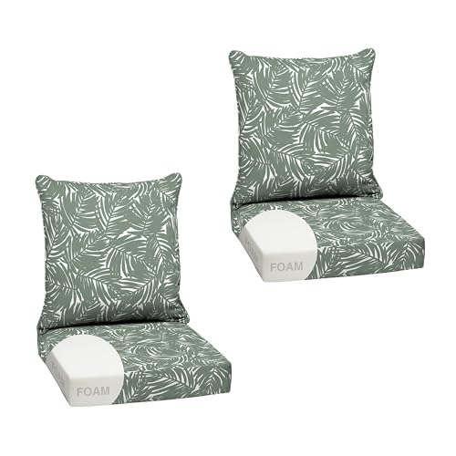 Image of Arden Outdoor Foam Deep Seat Cushion Set, 2-Pack, 24x24, Premium High-Density Foam, Never Flattens, Weather-Proof for Patio Chair Sofa Couch, Sage King Palm