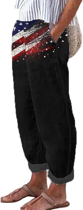 Women's Summer Boho Pant Casual Floral Print Cotton Linen Baggy Pants with Elastic Waist Relax Loose Fit Trouser