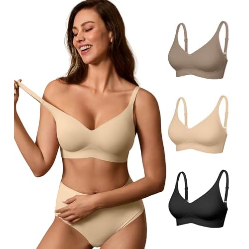 DEANGELMON Seamless Bras for Women No Underwire Comfortable Push Up Bra V Neck Wireless Bralette Full Coverage Wire Free Blck+nude+grey XX-Large