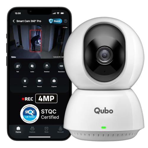 Image of Qubo Smart Cam 360 Pro 4MP by Hero Group [2026 Edition]| STQC Certified | Color Night Vision | 360 Panoramic Monitoring |App Alerts | 2-Way Talk | AI Person Detection | Cloud & SD Card Support