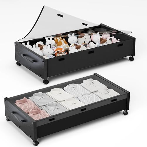 Under Bed Storage with Wheels, Wooden Under Bed Drawers 2 Packs, Rolling Underbed Storage Containers Organizer with Handle Removable Lid, Heavy Duty Metal Frame for Clothes Shoe Books(Black)