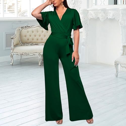 Image of PaladMom Womens Elegant Plus Size Jumpsuits Sexy Back zipper Short Sleeve Mid Waist Wide Leg Straight Rompers