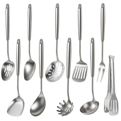 Image of Newness 10 Pcs Cooking Utensils Set,18 /8 304 Stainless Steel Kitchen Utensils Set, Metal Kitchen Accessories, Include Soup Ladle, Slotted Skimmer Spoon, Spaghetti Spoon, Spatula, Tongs,Dishwasher Safe