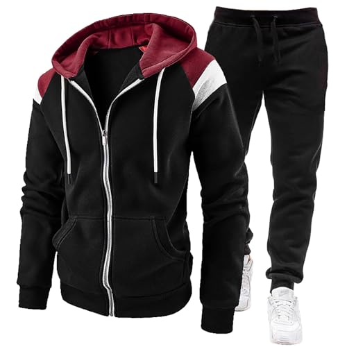 Conjunto de chándal para hombre, 2 piezas, sudadera con capucha y pantalones deportivos, ropa deportiva negra con rayas burdeos y blancas, chándal de algodón suave para hombre, atuendo cómodo para