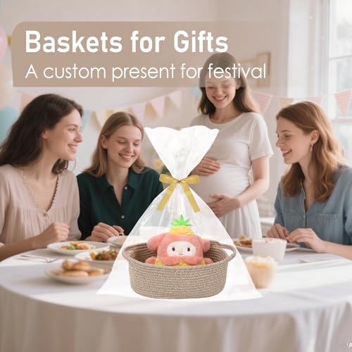 Image of JMvicyroam Small Woven Basket, Empty Gift Basket, Oatmeal /1 Pack | Small Gift Basket, Cotton Rope, 12 x 8 x 12 in, Handles, Includes Ribbon and Bag, Birthday Gift Basket
