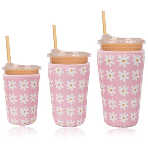 Image of Reusable Insulated Neoprene Iced Coffee Cup Sleeve, Durable Drink Sleeve for Cold Beverages, Beverage Holder for Iced Coffee (Pink Daisies)