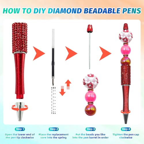 Image of 75 Pcs DIY Diamond Beadable Pen Kit - 25 Plastic Rhinestone Beaded Pens Bulk with Refills & Bags - Fancy Cute Glitter Pens for Crafting, Students & Teachers - School Supplies (Red)
