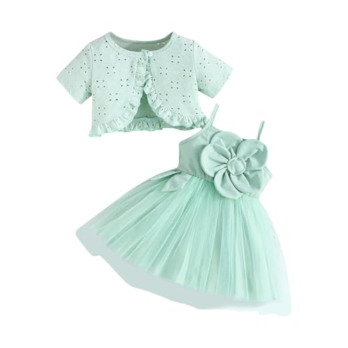 Toddler Girls 2 Piece Outfits Cute Flower Tulle Cami Dress with Ruffle Eyelets Cardigan Summer Clothes for 1-4 Years