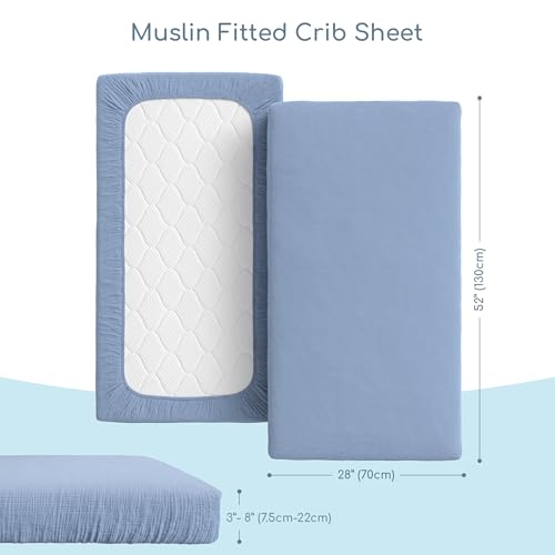 Image of Muslin Crib Sheets, 100% Organic Cotton, Breathable and Ultra-Soft, Standard Crib Sheet Mattress (28 inchx 52 inch) for Girls and Boys, Neutral Fitted Baby Crib Sheet (Blue)