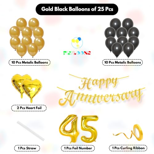 Image of Flyloons 45th Happy Anniversary Decoration Items Gold Black for Men Women Husband Wife Mom Dad Couple Home Bedroom Car With 20 Pcs Metallic Balloons Anniversary Banner 2 Pcs Heart Set Kit Golden