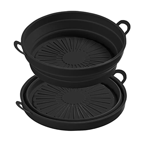 Air Fryer - Set di 2 pentole in silicone, pieghevoli, rotonde, per friggitrice ad aria calda, riutilizzabile, antiaderente, in silicone, per forno, microonde (nero, 21 cm)