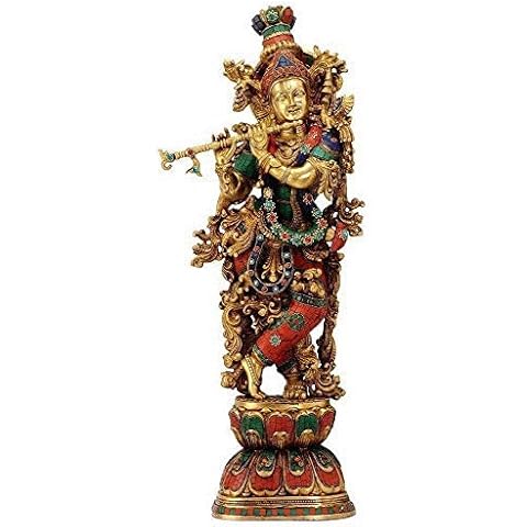 Kartique Brass Krishna Idol Murli Krishan Bhagwan Statue Murti Gift for Home Mandir Decor God Deity Lord Religious Marriage Gift Multicolor Stone Work Height 30 Inch Cover