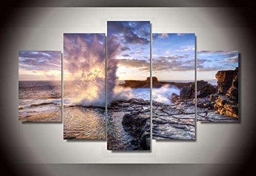Impression sur toile intissée 5 pièces de vagues et rochers pour décoration murale de salon
