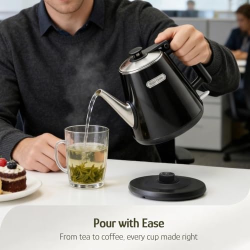 Image of Hazel Quinn Electric Kettle - 1L /34oz Small Tea Kettle, 800W Fast Boil, All 304 Stainless Steel Interior, Double Wall for Cool Touch and Thermal, Auto Shut-Off, BPA-Free, Cordless - Jet Black