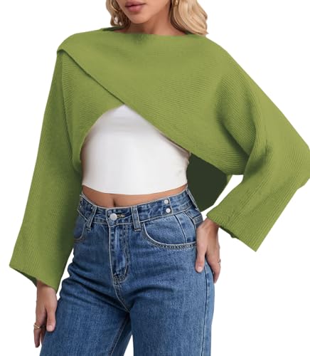 Joe Wenko Women's Boat Neck Sweater Long Sleeve Cross Wrap Asymmetrical Hem Cropped Pullover Jumper Tops3