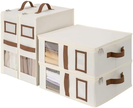 StorageWorks 4-Pack Bed Sheet Organizers and Storage, Foldable Bedsheet Holder for Linen Closet, Bedding Container with Handle, Beige, 15