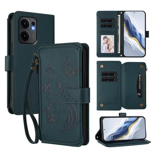 Étui arrière Oppo Reno 12 5G bleu foncé en cuir gravé arbre papillon avec fentes porte-cartes