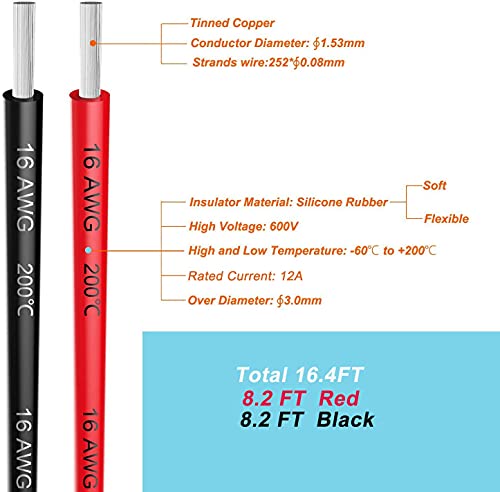 Makerfire 16 Gauge Silicone Cable, 16 AWG Hook Up Electric Wire 8.2FT Black and 8.2FT Red - Soft and Flexible 252 Wires 0.08mm High Temperature Resistance Tinned Copper Wire