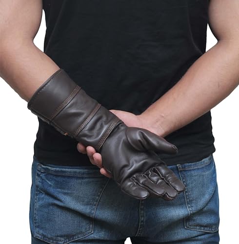 Image of URBAN BUCK Real Sheepskin Leather Sky Gauntlet Costume Glove - Regular Fit Long Arm Cuff Mens Unlined Cosplay Gloves
