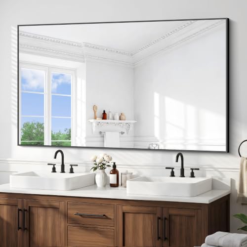 BONEWEI Bathroom Mirror,66x40 inch Large Wall Mirror for Bathroom Wall Mounted Black Rectangle Corner Mirrors,Black Bathroom Mirror for Living Room,Farmhouse,Bedroom Entryway,Horizontal/Vertical