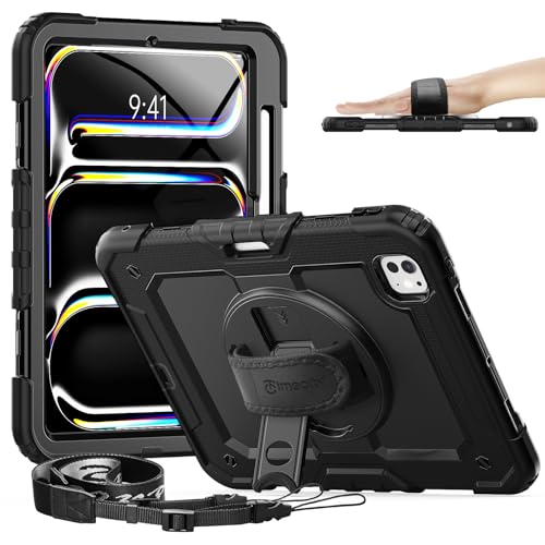 Timecity Tablet Case for iPad Pro 11 inch M5/ M4 with Built-in Screen Protector 360 Rotating Kickstand Adjustable Shoulder Strap Pencil Holder Cover for iPad Pro 11 2025/2024 Black