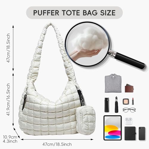 Image of Puffer Tote Bag for Women, Large Quilted Puffer Bag with Pouch, Puffy Quilted Hobo Bag, Puff Crossbody Purse