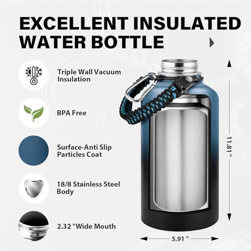 Image of One Gallon Insulated Water Bottle, Triple Wall 128 oz Stainless Steel Wide Mouth Water Bottles (Cold for 48 Hrs), Leak Proof, Non-BPA, Large Water Flask Jug with Paracord Handle & Straw Spout Lids