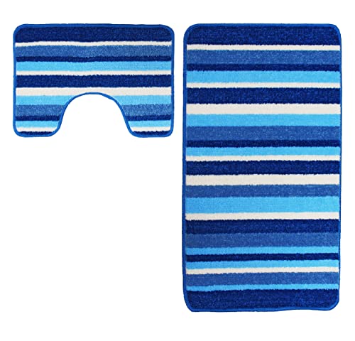 La Maison Bathroom Rug Set 2 Piece Stripe Ombre Gradient Non Slip Bath Mat and Pedestal Mat Set Quick Dry Shower Bath Super Soft Toilet Mat Set (Blue)