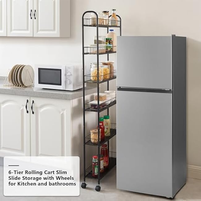 6-Tier Slim Storage Cart, Kitchen Storage Rolling Cart, Narrow Spices Cans Cart with Wheels, Laundry Lockable Utility Cart with Baskets for Small Space, Kitchen, Bathroom-XB48P7IF