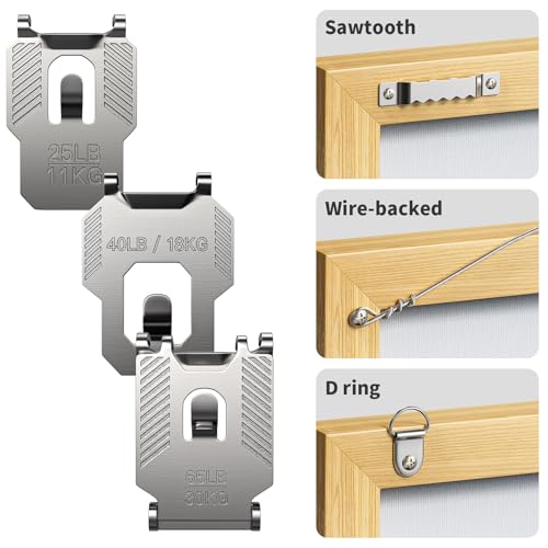 Image of 25 40 65 LB Picture Hangers Claw for Drywall Heavy Duty No Damage | 25 Picture Hanging Hooks Tool Free Sawtooth Wire Ring Kit Wall Hanger for Room Office Mirror Photo Poster Frame Decor