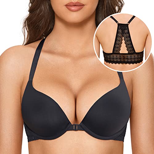 DOBREVA Women's Push Up Bra Racerback Front Closure Bras Plunge Underwire Tshirt Padded Lace3
