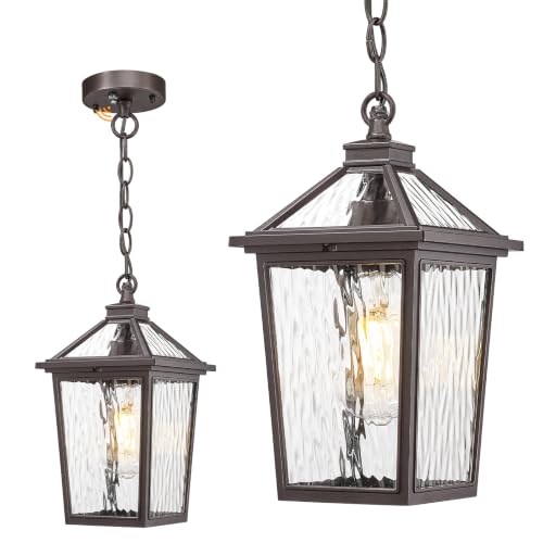 Image of zeyu 12 Inch Dusk to Dawn Outdoor Hanging Light, Outside Hanging Light for Patio, Die-Cast Aluminum with Water Ripple Glass, Oil Rubbed Bronze Finish, ZX58H-PC ORB-SW