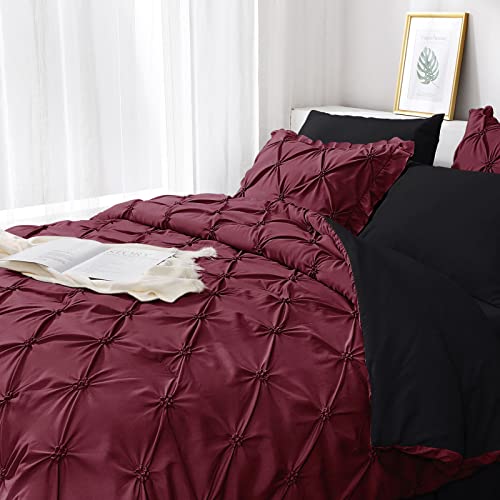 JOLLYVOGUE Burgundy Full Size Comforter Sets 7 Pieces, Pintuck Bed in a Bag Comforter Set for Bedroom, Bedding Comforter Sets with Comforter, Sheets,Ruffled Shams & Pillowcases