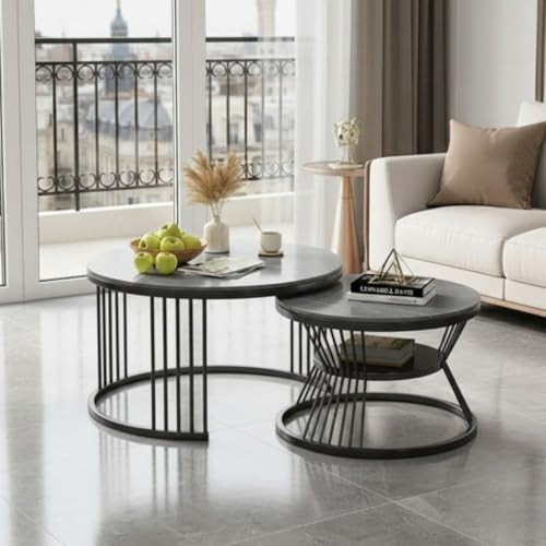 Image of Modern Nested Coffee Table Set of 2 | Round Marble Finish Tabletop with Metal Base | Luxury Center Table for Living Room, Lounge & Office (Black Grey)