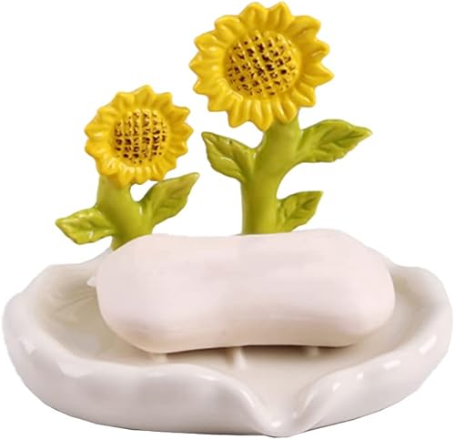 WAIT FLY Jabonera de cerámica con diseño de flores, jabonera de cerámica, autodrenante, jabonera decorativa, girasol, blanco