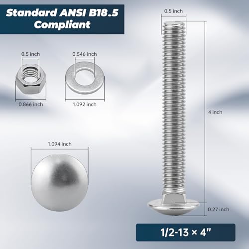 Image of 1 /2-13 x 4 Inch Carriage Bolt Kit, 304 Stainless Steel (18-8) with Hex Nuts & Flat Washers - 4 Sets, Round Head Square Neck, Full Thread Coverage by Glvaner