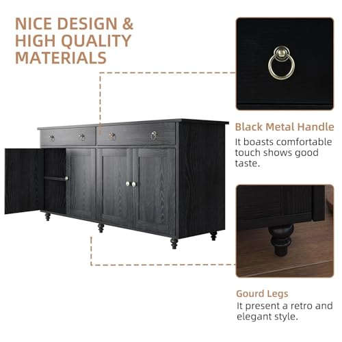 4 EVER WINNER Buffet Cabinet with Storage, 55\'\'Black Coffee Bar Cabinet with Drawers and Doors, Black Sideboard Buffet Cabinet with Adjustable Shelves, Buffet Table with Storage for Living Room, Black