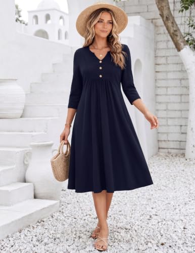 Image of Zeagoo Womens Dresses 3 /4 Sleeve Casual Fall A Line Midi Dress with Pockets