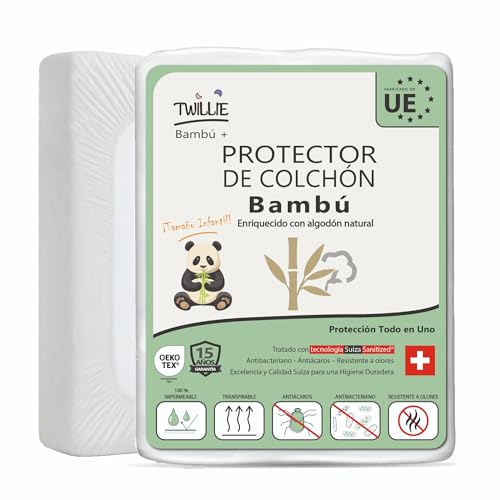 Twillie Protector Colchón Bebé 40 x 80 Bambú Impermeable y Transpirable con Algodón Natural – Tratamiento Suizo Sanitized® Antiácaros Antibacteriano – Hecho en UE