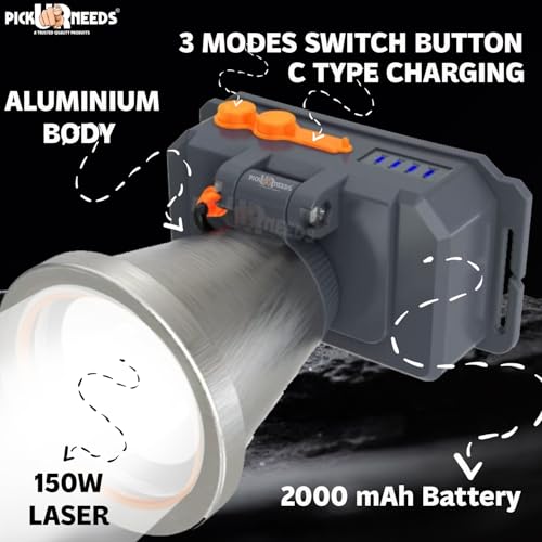 Image of Pick Ur Needs 150 Watt Laser Rechargeable Head Lamp 3 LED Mode Aluminum Body 2000mAh Battery Head Torch /Headlamp for Camping (Silver)