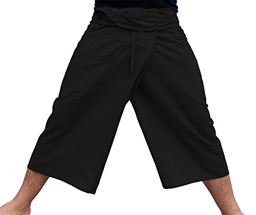 Raanpahmuang Thai Fisherman Pants Men/Women, Loose Yoga, Pirate, Harem Pants, 100% Cotton, Unisex Kimono Pants, Medium, Black - Capri Length Thin Striped Cotton #TOP17