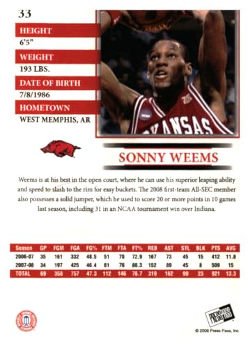 2008 Press Pass #33 Sonny Weems Arkansas Razorbacks Basketball Trading Card - Image 3