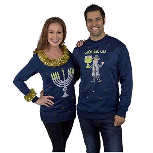 Couples Hanukkah Sweaters, LED Light Up Hanukkah Sweater Funny Couples Sweater, Menorah & Let's Get Lit Ugly Hanukkah Sweater Navy