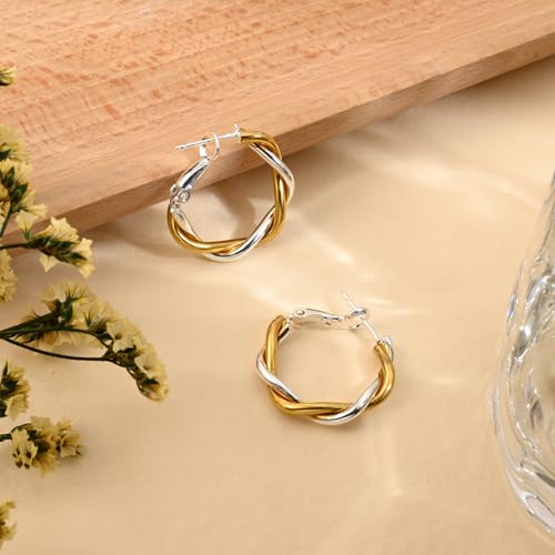Hypoallergenic Mixed Metal Gold and Silver Hoop Earrings for Women - Lightweight Twisted Design with 925 Sterling Silver Posts - Image 6